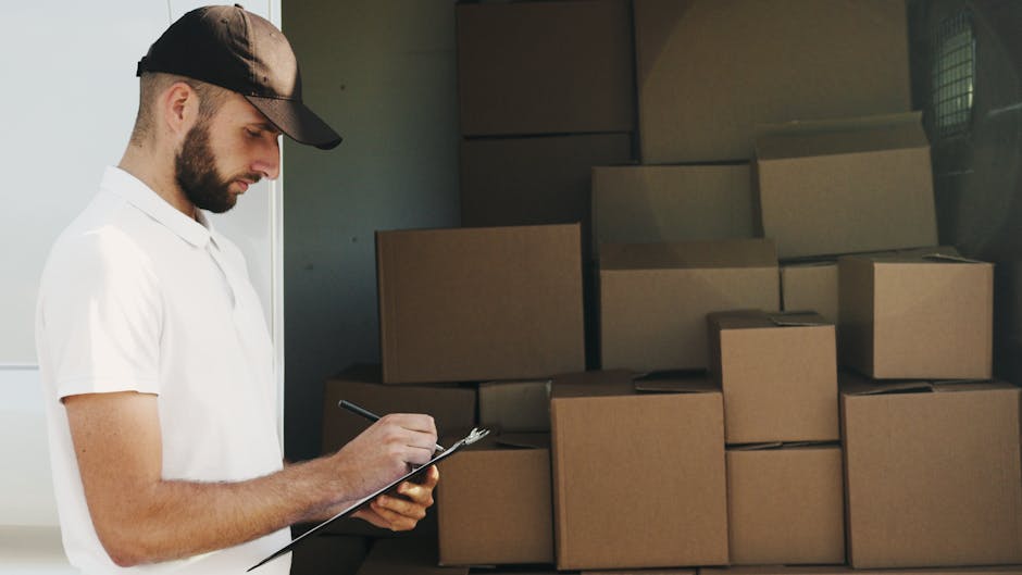 A man with a beard, wearing a white polo shirt and a black baseball cap, stands indoors next to a large stack of moving boxes made of corrugated cardboard. He is holding a clipboard and pen, appears t